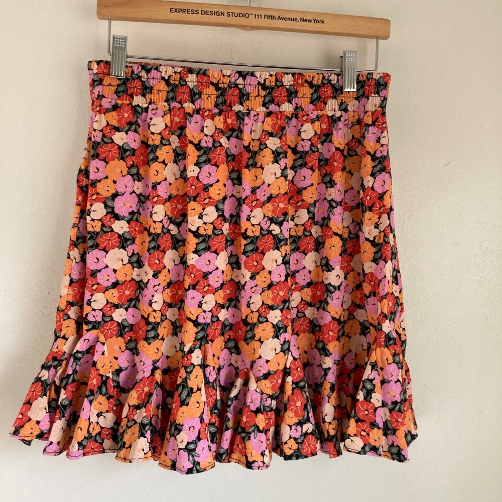 LOFT Floral Ruffle Hem Skirt in Pink, Orange, Red